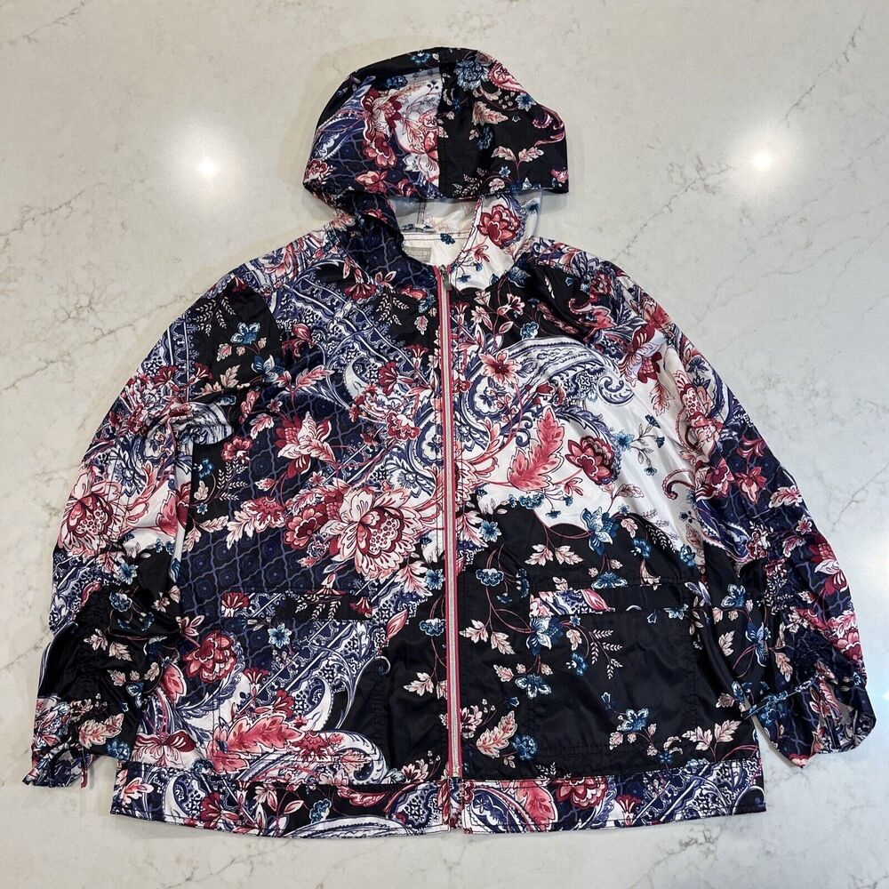 Chicos Zenergy Sz 3 XL 16-18 Floral Athleisure Ruched Hooded Jacket‎ Golf